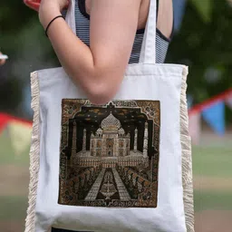 MAATIR DESIGNS Unisex Taj Mahal Brocade Graphic Printed Shopper Cotton Canvas Tote Bag-13