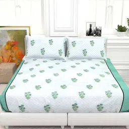 THE WHITE MOSS White & Green Ethnic Cotton 210 TC King Bedsheet Set-2.75 m x2.75 m-image-58