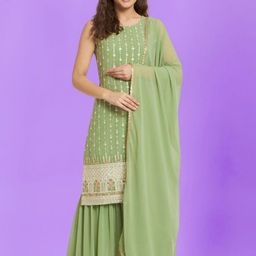 PARROT CREATION Women Ethnic Motifs Embroidered Kurti with Sharara & Dupatta-image-7