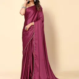ODETTE Embellished Border Solid Satin Saree With Blouse Piece-1