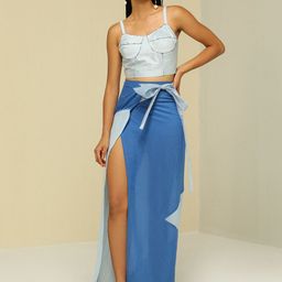 ZAITRA Color-Blocked Linen Wrap Maxi Skirt-image-32