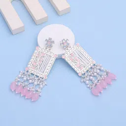 BELWICK Silver-Plated Kundan Studded And Pearls Beaded Rectangle Drop Earrings-image-75