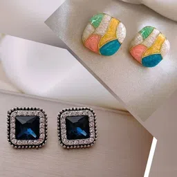 PASU FASHION Set Of 2 Square Shaped Enamelled Studs-picture-46
