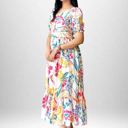 Bhavika Floral Printed Puff Sleeve Cotton Fit & Flare Midi Dress-image-10