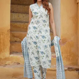 BAPS Floral Printed V-Neck Sleeveless Straight Kurta With Trousers & Dupatta-picture-37
