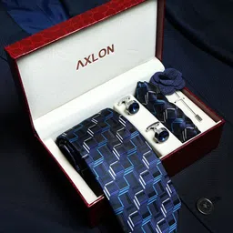 Axlon Men Geometric Tie Set With Pocket Square, Cufflink & Flower Pin Gift Set-image-57