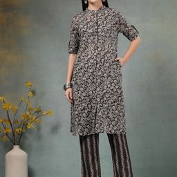 Anouk Rustic Floral Printed Mandarin Collar Pure Cotton Straight Kurta With Trousers-picture-43