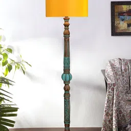 Devansh Yellow & Turquoise Blue Cylindrical Shaped Traditional Wooden Floor Lamp-11