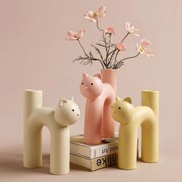 ArteCasa Vanilla Ice White & Pink 3 Pieces Printed Tabular Cat Flower Vases-11
