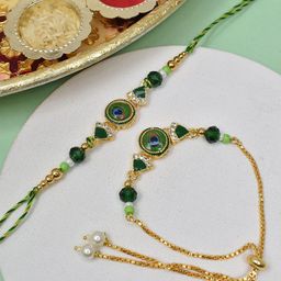 MEIRA JEWELLERY Kundan Peacock-Charm Bhaiya Bhabi Rakhi With Roli Chawal & Greeting Card-image-69