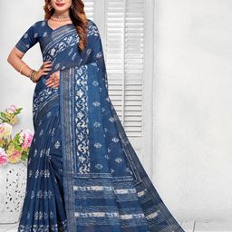 Fevinaa Ajrak Block Zari Linen Blend Block Print Saree image 1
