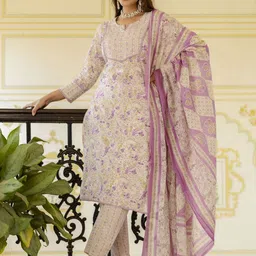 EthniFlair Women Floral Printed Regular Aari Work Pure Cotton Kurta with Trousers & With Dupatta-17
