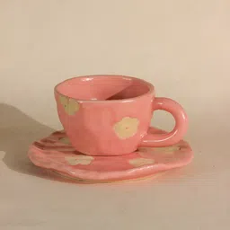 The Orby House Pink 2 Pieces Printed Handcrafted Ceramic Cup With Saucer 250ml-26