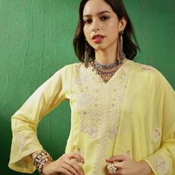Sangria Yellow & White Embroidered Organza Panelled Straight Kurta With Palazzos & Dupatta-picture-28