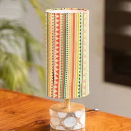 ExclusiveLane Multicoloured Printed Mango Wooden Cylindrical Table Lamp with Shade image 3