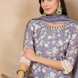 Anouk Grey Floral Printed Pure Cotton Straight Kurta & Trousers With Dupatta-picture-34