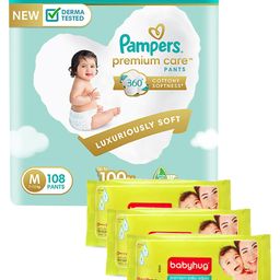 Pampers Premium Care Pant Style Diapers Medium Size Monthly Pack - 108 Pieces & Babyhug Premium Baby Wipes - 80 Pieces ( Pack of 3 )-image-13