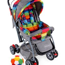 Babyhug Cosy Cosmo Stroller With Reversible Handle & Back Pocket - Vibgyor AND Babyhug Soft Ball Medium Multicolor - 52 cm-0