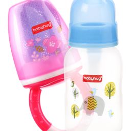 Babyhug Cereal Feeder With Spoon Blue - 150 ml & Fruit And Food Nibbler - Pink Combo Pack-25