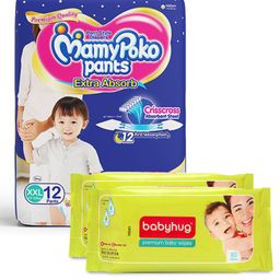 MamyPoko Extra Absorb Pant Style Diapers XX Large - 12 Pieces & Babyhug Premium Baby Wipes - 80 Pieces (Pack of 2)-image-48