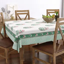 BLOCKS OF INDIA White & Green Block Print Pure Cotton Rectangular 6 Seater Table Cover image 5