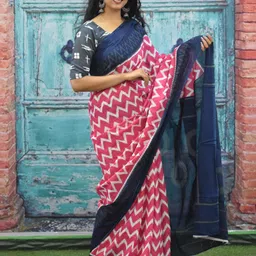 TROPWEAR Ikat Hand Block Printed Jaipuri Mulmul Cotton Saree image 3