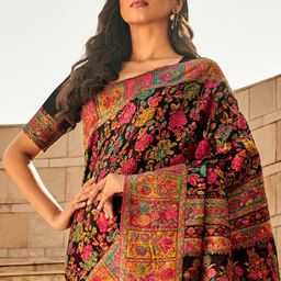 Mitera Black Floral Printed Woven Design Banarasi Saree-image-36