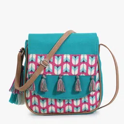 Anekaant Sea Green Printed Half Moon Sling Bag with Tasselled-image-18
