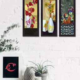 eCraftIndia Set Of 3 Red & Green Radha Krishna & Botanical Texture UV Wall Art Paintings-7