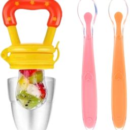 2pcs Baby Feeding Spoons & Teether for Kids Fruit Food Feeder (Combo Pack of 3)- 100% Silicone Tip, BPA Free material with Food Grade Silicone tip-5