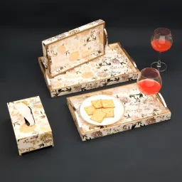 White Flower Print Enamel Multi-Purpose Tray Set Serving Tray Set for Kitchen Tray Serving Set-image-0