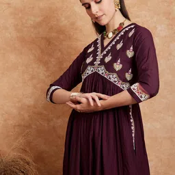 Sangria Ethnic Motifs Embroidered A-Line Kurta With Trouser-image-24