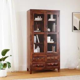 Solid Wood Cabinet With 2 Glass Door & 4 Drawers Storage For Living Room Home Solid Wood Close Book Shelf-image-29