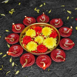 Ekhasa Gold Toned & Red Textured Decorative Urli Bowl With Attached Oil Diyas-3