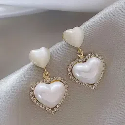 SUBHAGALANKAR Gold-Plated Artificial Stones Studded Double Heart Shaped Drop Earrings-35