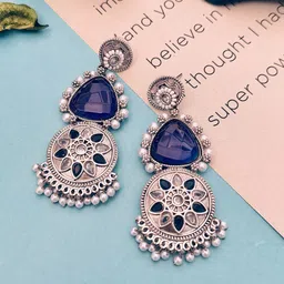 Anouk Silver-Plated Stones Studded & Pearls Beaded Circular Shaped Oxidised Drop Earrings-picture-36