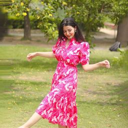 DressBerry Floral Printed Puff Sleeves Crepe Fit & Flare Midi Dress-image-99