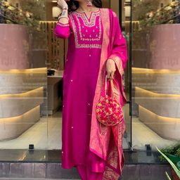 KALINI Floral Embroidered Notch Neck Straight Kurta With Trousers & Dupatta-picture-40