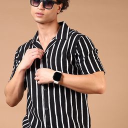 V-Mart Men Cuban Collar Vertical Striped Cotton Casual Shirt-picture-28