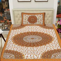 POORAK Yellow & White Ethnic Motifs 104 TC Single Bedsheet with 1 Pillow Covers-image-3