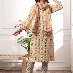 Virah Fashion Women Floral Printed Cotton Kurta with Trousers & Dupatta-image-5