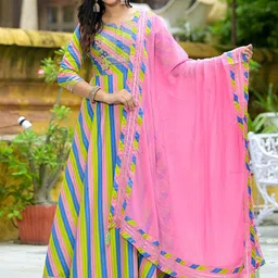 AKS Couture Women Striped Printed Anarkali With Dupatta Ethnic Dresses-image-58