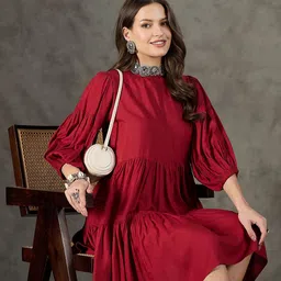 InWeave Puff Sleeve A-Line Dress-image-70
