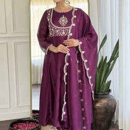 Divyadham Textiles Floral Yoke Design Thread Work Anarkali Kurta With Trouser & Dupatta-50
