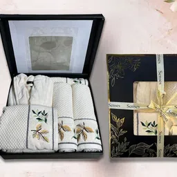 SENSES 550 GSM Ivory 5 Piece Cotton Bathrobe with Embroidered Towels & Hand Towel Gift Set-image-72