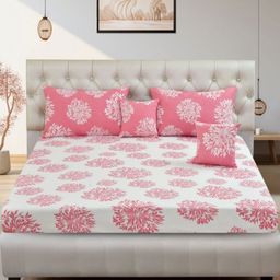 BLUEDOT Pink & White Floral Polycotton 5 Piece Double Queen Superfine Bedding Set-image-113