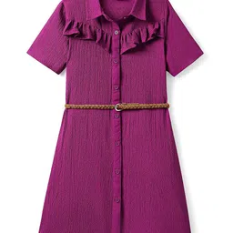 Hola Bonita Girls Solid Self Design A-Line Dress with Belt-image-45