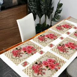 REVEXO 6Pc Beige & Pink Printed Rectangle Costers & Table Placemats-1