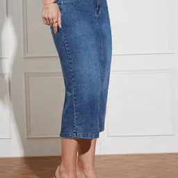 Miss Chase High Rise Stretchable A-Line Midi Denim Skirt-picture-21