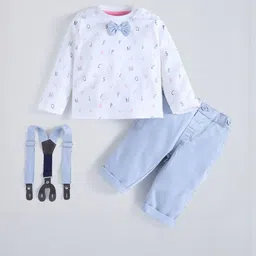 Hopscotch Boys White & Blue Pure Cotton 2 Picece Typographic Formal Pant Set-picture-5